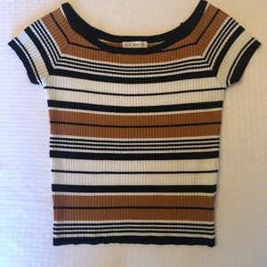 Light-weight striped short sleeve ribbed sweater